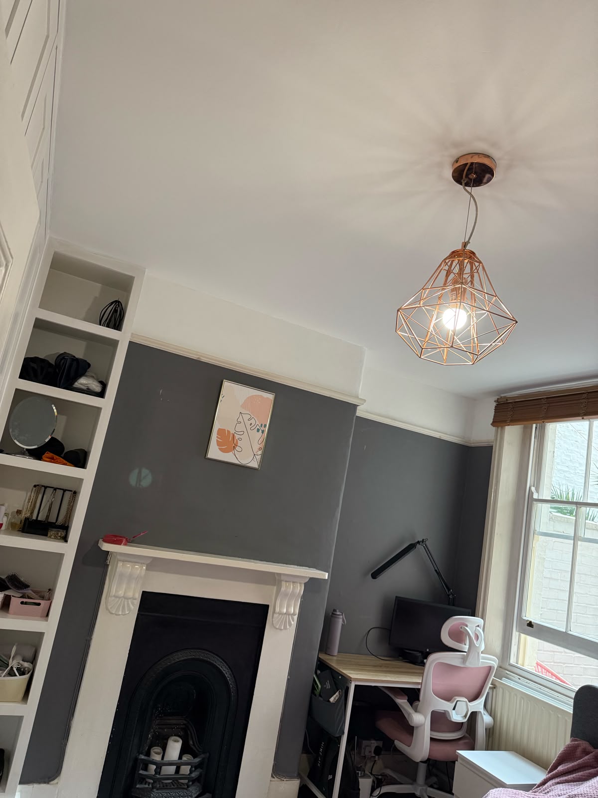 Bedroom repainted in grey and white with new light fitting